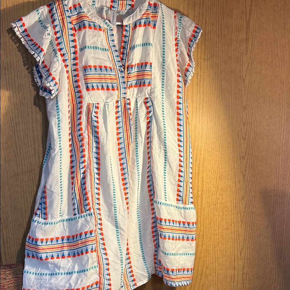 White Embroidered Stripe Cotton Tunic with Orange & Teal Accents Grace + Karma